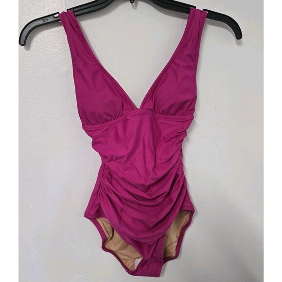 J.Crew Ruched V Neck One‎ Piece Swimsuit Womens Size 0 Fuchsia BC116 - Picture 1 of 10